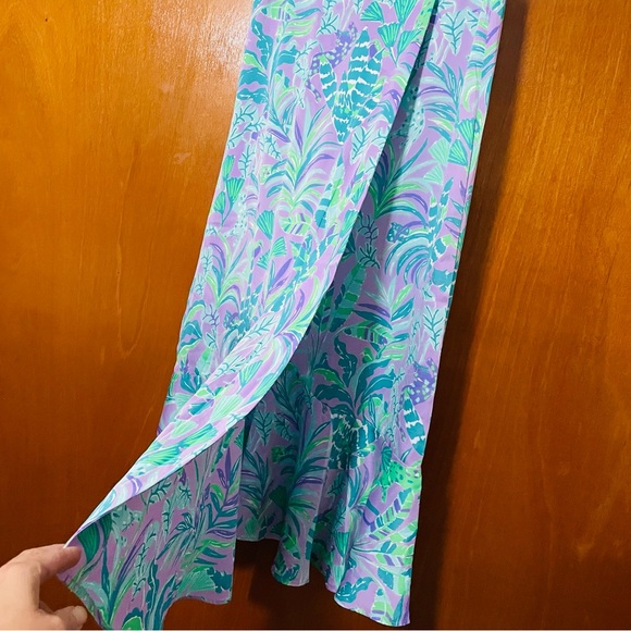 Lilly Pulitzer Britney Midi Skirt Purple Floral Faux Wrap Flowy Ruffled Hem - Picture 7 of 16
